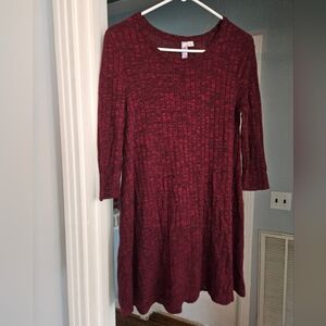 Alya Maroon Red Ribbed Shift Dress 3/4 Sleeves